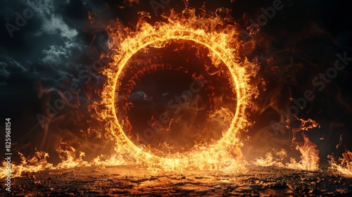 Dynamic ring of fire, bright flames forming a perfect circle, dark backdrop, striking visual contrast and intensity
