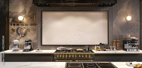 Culinary showcase in a premium kitchen appliance showroom with an empty frame mockup for live cooking demos. photo