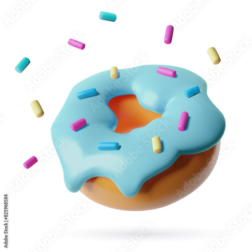 Colorful donut with sprinkles 3d realistic vector illustration. Cute bakery icon with blue icing. Three dimensional food illustration isolated on white background. 