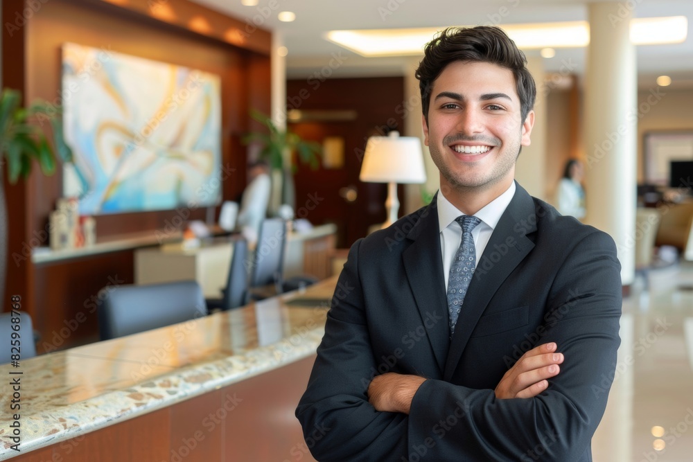 Smiling lawyer standing with arms crossed in front of a law firm's Smiling lawyer standing with arms crossed in front of a law firm's