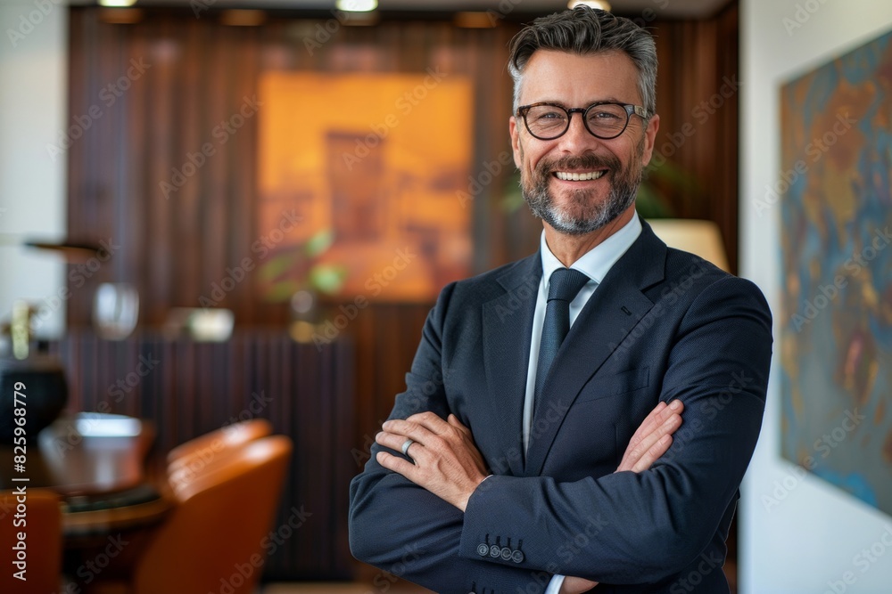 Fototapeta premium Smiling lawyer standing with arms crossed in front of a law firm's 