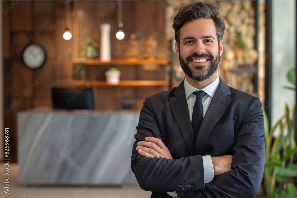 Smiling lawyer standing with arms crossed in front of a law firm's Smiling lawyer standing with arms crossed in front of a law firm's