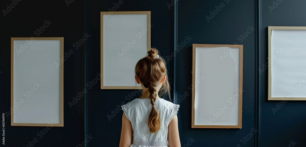 Young girl in a gallery viewing blank frames against a deep navy wall, serene atmosphere Young girl in a gallery viewing blank frames against a deep navy wall, serene atmosphere