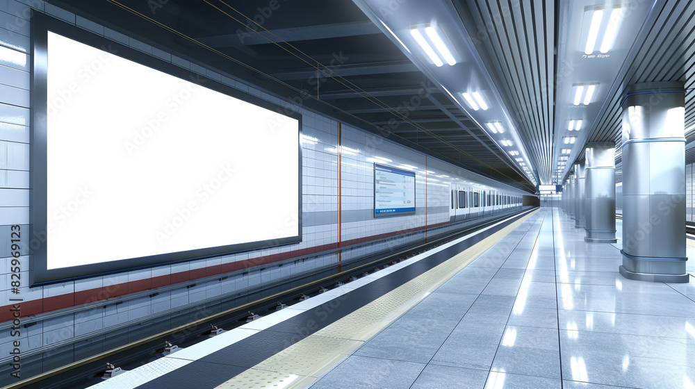 Modern train station billboard mockup, 3D rendered, blank for transit advertising.
