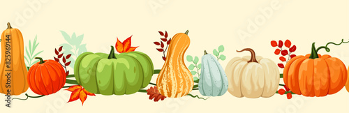 Horizontal seamless pattern with bright pumpkins and autumn leaves. Background for autumn harvest festival, Thanksgiving, Halloween, seasonal, textile and wallpaper.
