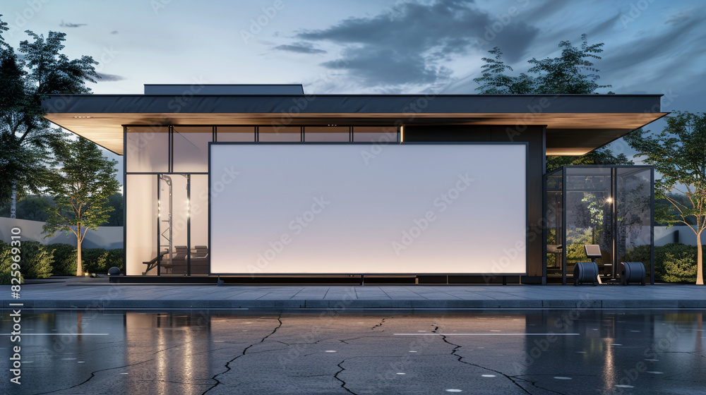 Modern gym facade with a blank billboard, 3D rendered, perfect for health and fitness ads. Modern gym facade with a blank billboard, 3D rendered, perfect for health and fitness ads.