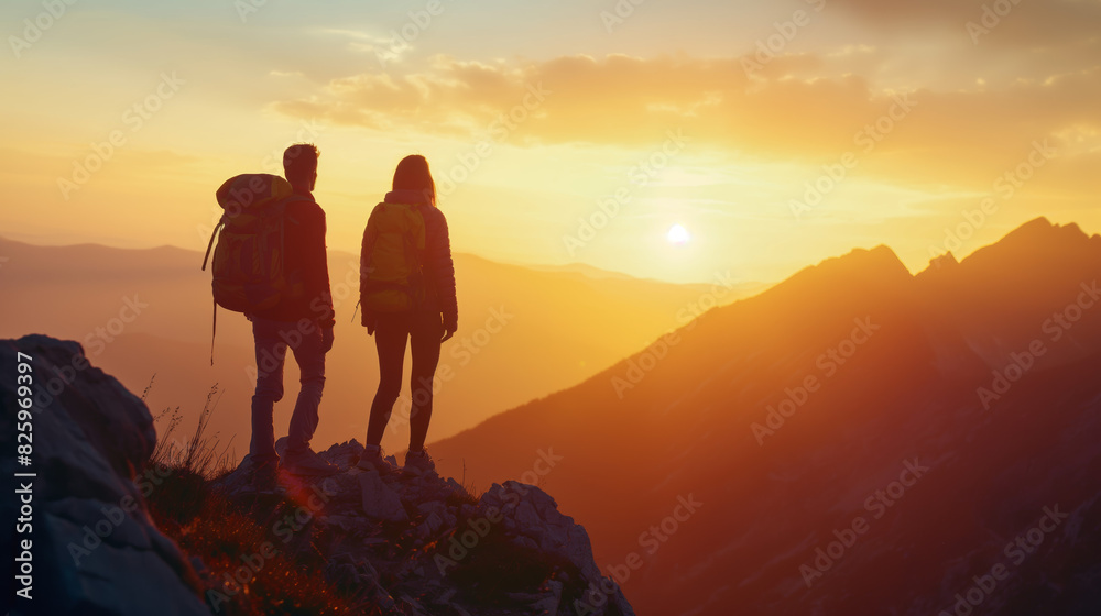 A couple stands on a mountain ridge, enjoying a majestic sunset over the rugged landscape