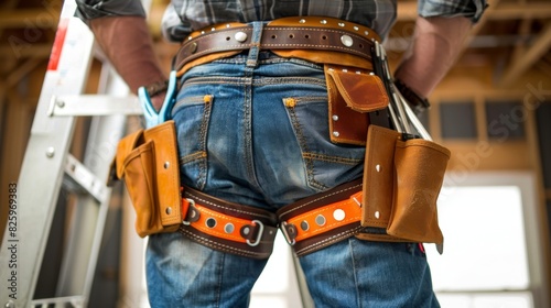 A worker leaning against a ladder proudly displaying their personalized tool belt.
