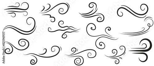 Doodle wind line sketch set. Hand drawn doodle wind motion, air blow, swirl elements. Sketch drawn air blow motion, smoke flow art, abstract line. Vector illustration. Isolated on white background .