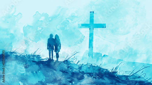 A Christian couple in front of a cross. Watercolor illustration in blue tones to represent dealing with loss, sadness, grief, crisis of faith, being lost, or negative emotions.