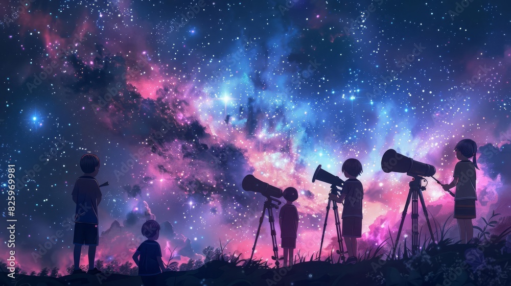 Children observing stars through telescopes at an observatory, cosmic style, dark blues and purples, digital illustration, capturing the wonder of astronomy Children observing stars through telescopes at an observatory, cosmic style, dark blues and purples, digital illustration, capturing the wonder of astronomy