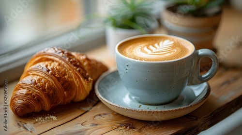 Cozy Cafe Scene with Freshly Brewed Coffee and Flaky Croissant on Wooden Table by Window