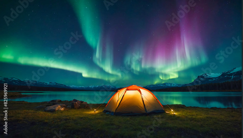 A glowing tent by a calm tranquil lake with the beautiful northern lights dancing in the sky