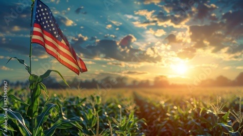 American flag waving in a lush cornfield at sunrise, symbolizing patriotism, agriculture, and natural beauty in rural America. photo