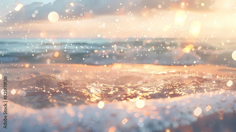 A serene scene of a peaceful abstract beach, with a defocused background of softly glowing particles A serene scene of a peaceful abstract beach, with a defocused background of softly glowing particles