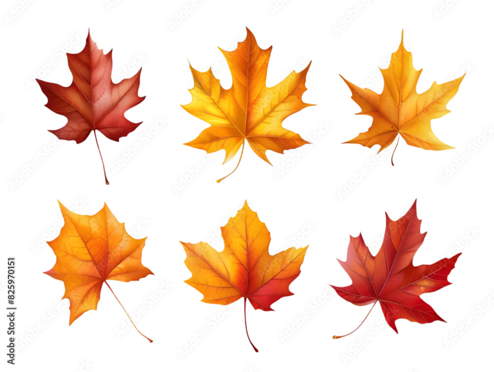 Set of five different orange leaves in autumn isolated on transparent background. Set of five different orange leaves in autumn isolated on transparent background.