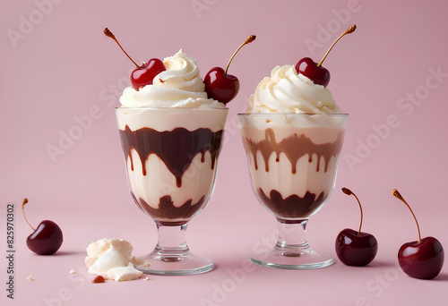 vanilla ice cream chocolate sauce cream and cherries on pastel background
