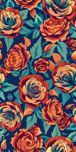 A vibrant floral pattern featuring large, colorful roses and lush green leaves against a dark background. The illustration exudes elegance and beauty, ideal for decorative or fashion design.
