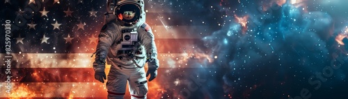 Astronaut in space suit standing in front of American flag, cosmic background with stars and nebulae. Exploration and patriotism concept.