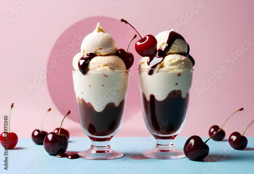 vanilla ice cream chocolate sauce cream and cherries on pastel background