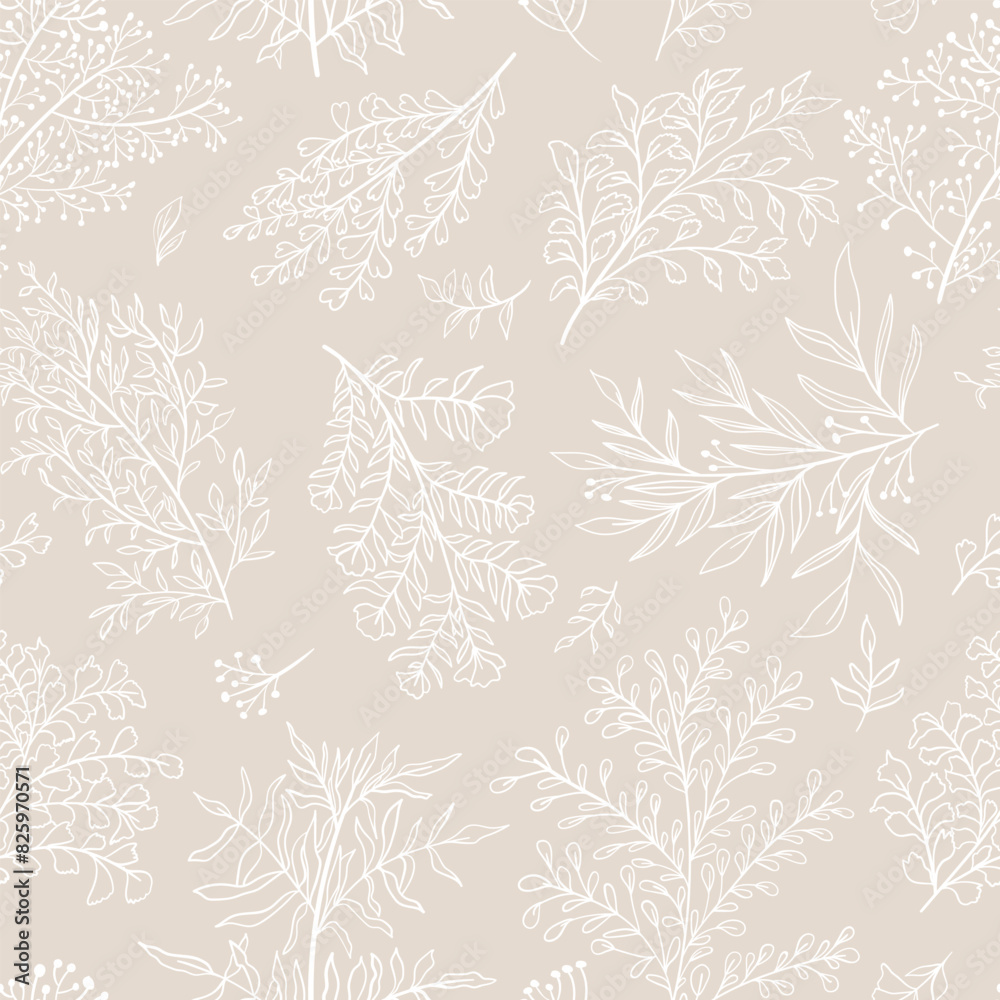 Botanic seamless pattern with leaves and branches. Vector background in trendy minimalistic linear style. Hand drawn outline design for fabric , print, cover, banner and invitation.