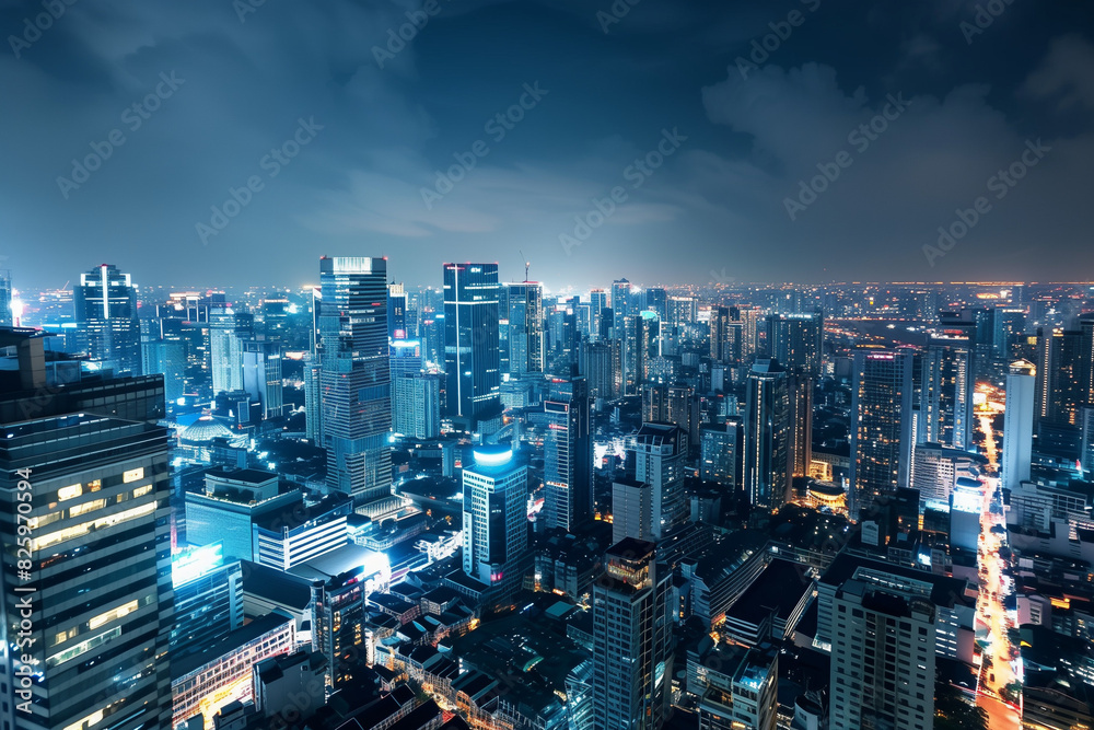 City Skyline at Night: Aerial View of Illuminated Skyscrapers City Skyline at Night: Aerial View of Illuminated Skyscrapers