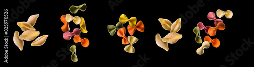 Flying of different type of pasta isolated on black background photo