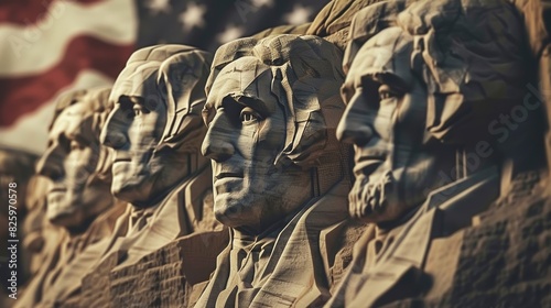 Close-up view of the Mount Rushmore National Memorial with the American flag in the background, showcasing the iconic presidential faces. photo