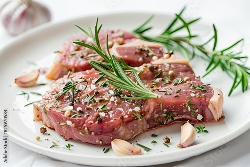 Raw pork chops marinated with garlic and rosemary on a white plate, providing ample copy space.