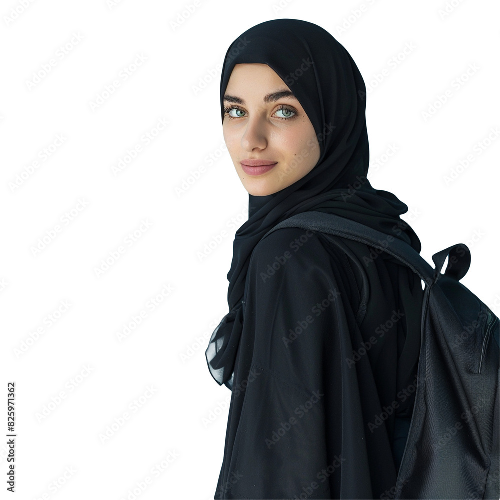 A young muslim student in black burka isolated A young muslim student in black burka isolated