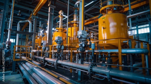 A factory featuring numerous pipes and yellow tanks, showcasing industrial processes and infrastructure.