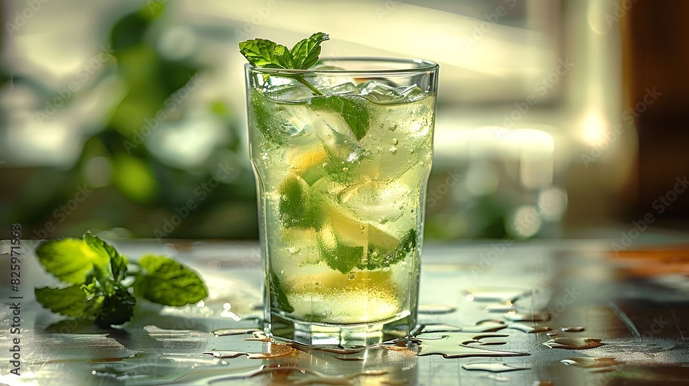 Fototapeta premium Refreshing Homemade Lemonade with Fresh Mint in a Glass on Rustic Outdoor Table