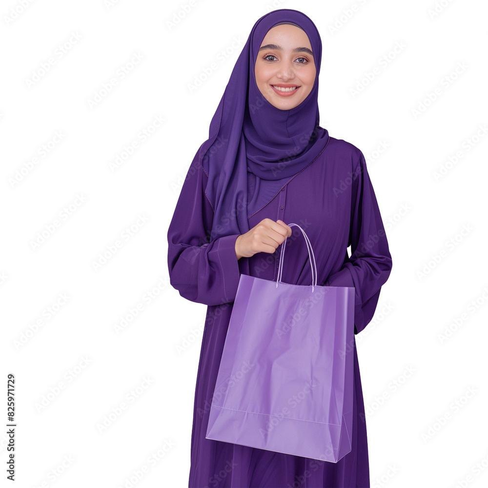 A muslim woman with shopping bag in hijab isolated on transparent background A muslim woman with shopping bag in hijab isolated on transparent background