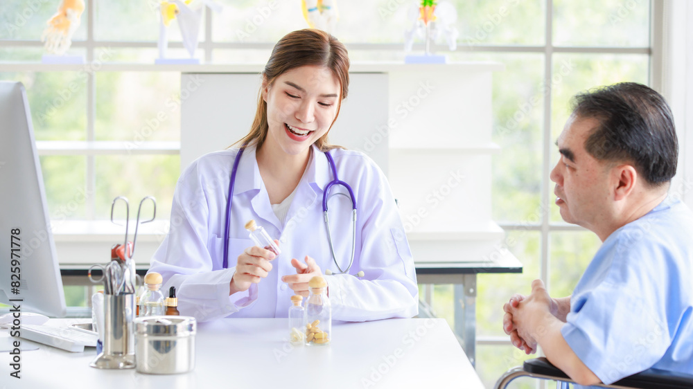 Asian woman doctor advise to use medicine in hospital examination room or clinic, treatment the disease with medicine from a specialist. Concept of medical treatment and healthcare consultation. Asian woman doctor advise to use medicine in hospital examination room or clinic, treatment the disease with medicine from a specialist. Concept of medical treatment and healthcare consultation.