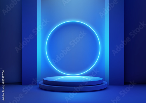 3D blue podium with neon light circle glows behind a podium in a dark room, technology concept
