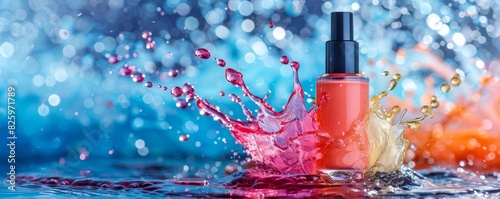 Artistic composition of a nail polish bottle with a splash effect, promoting vibrant colors and creativity photo