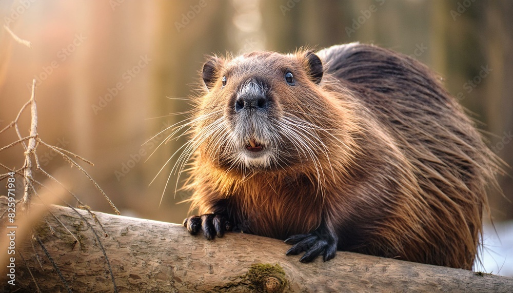 Animals one beaver looking straight up at the camera in a big close up, behind him a forest and next to him a tree trunk,animal, rongeur, mammifère, marmot, faune, fourrure, nature Animals one beaver looking straight up at the camera in a big close up, behind him a forest and next to him a tree trunk,animal, rongeur, mammifère, marmot, faune, fourrure, nature