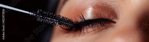 Closeup of a mascara wand applying product to lashes, highlighting lengthening and volumizing effects photo