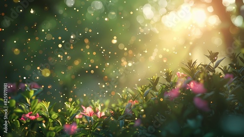 A serene scene of a peaceful garden, with a defocused background of gently glowing particles