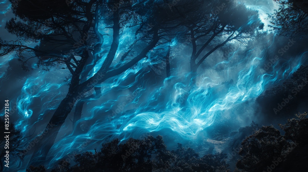 Dark woodland, sinuous trees with glowing blue veins, spectral fog, mysterious and surreal atmosphere