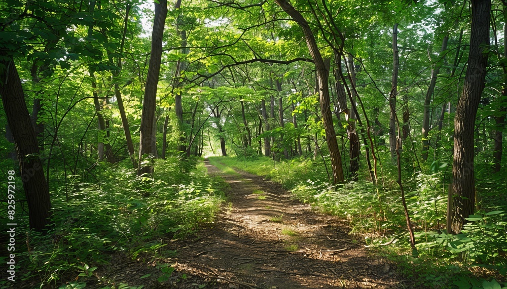 Sunlit trees and path in lush green forrest with beautiful sun reflexions and shadows Sunlit trees and path in lush green forrest with beautiful sun reflexions and shadows
