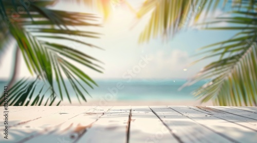 Top of white wooden table with blurred bokeh light seascape and palm leaves at tropical beach background --ar 16 9 Job ID  9456d145-57d1-4228-93a3-989df7a3076a