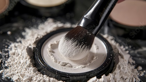 Dynamic image of a setting powder being applied with a brush, emphasizing matte finish and coverage photo