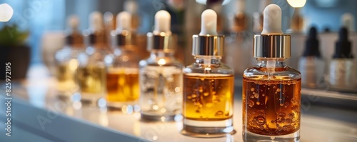 Elegant display of antiwrinkle serums in glass bottles, promoting luxury and effectiveness photo