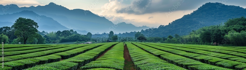 Panoramic view of lush green tea plantation fields with mountains in the background, under a cloudy sky. Panoramic view of lush green tea plantation fields with mountains in the background, under a cloudy sky.
