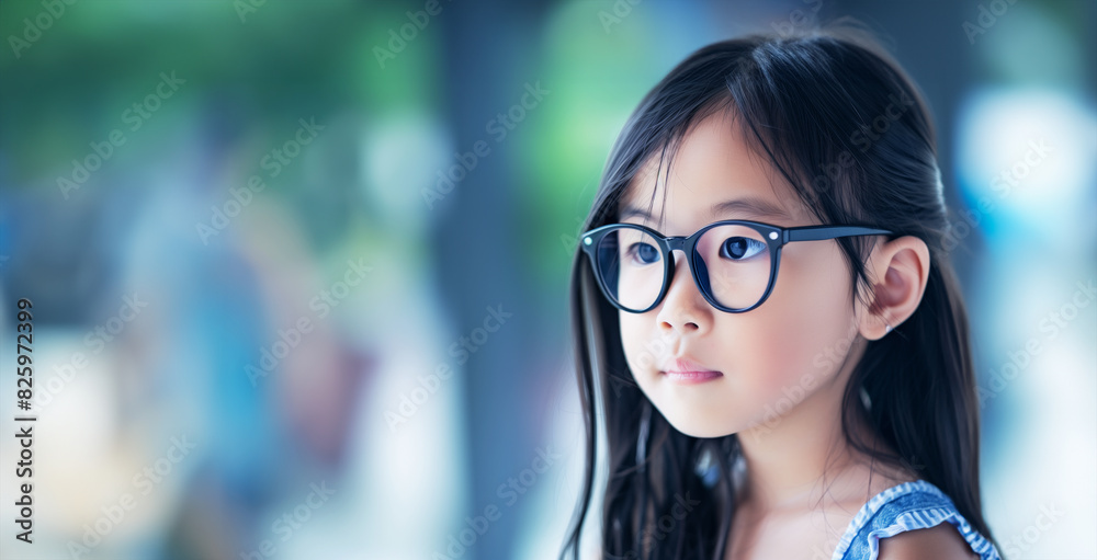 A young girl wearing glasses is looking at the camera. Concept of curiosity and innocence. A Chinese girl, Ten years old,calm, quiet, looking into the distance, with long black hair and black glasses