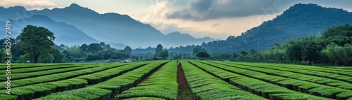 Panoramic view of lush green tea plantation fields with mountains in the background, under a cloudy sky.