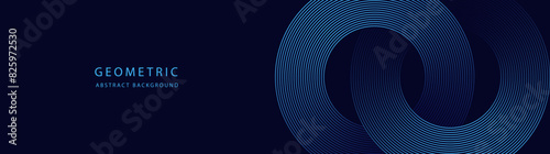 Abstract Modern glowing geometric lines horizontal banner on dark blue background. Shiny blue circle lines pattern. Futuristic concept. Suitable for cover, brochure, presentation, flyer, web