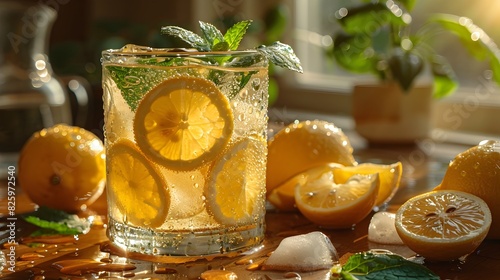 Refreshing Lemon Soda with Mint Leaves in a Glass on a Wooden Table
