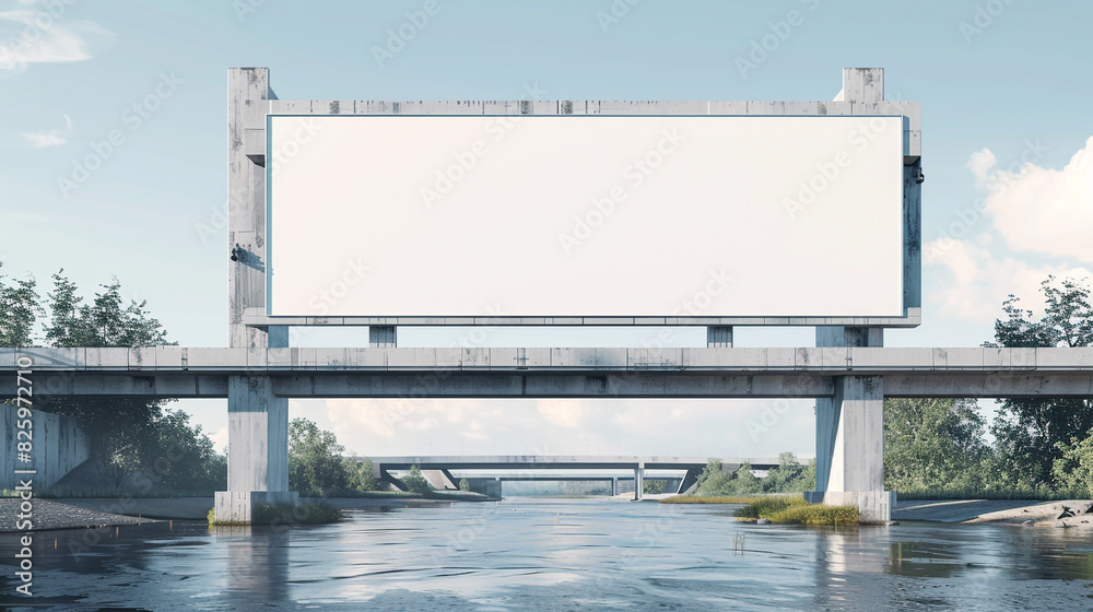 Realistic 3D render of a minimalist bridge with a blank billboard for impactful riverfront ads. Realistic 3D render of a minimalist bridge with a blank billboard for impactful riverfront ads.